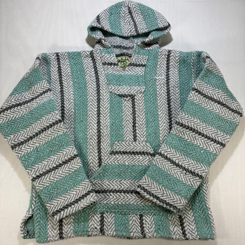 Boho Hippie Unisex Baja Hoodie Woven M Teal Gray Striped Cotton Blend Surf Rug